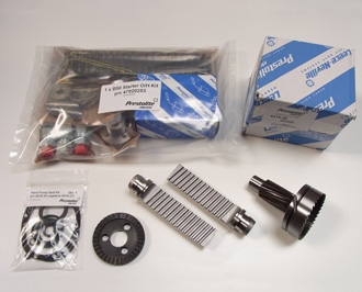 A selection of spare parts for Prestolite & Lucas Bryce hydraulic starter systems:
Clockwise from top left: Starter repair kit p/n 47920253 for B50G53  & B50G52 starter units, Pressure gauge kit p/n 6518-28 for 6518-13 & 6518-35 hand pumps, B35 starter unit pinion p/n 527/6, B35 starter racks p/n 527/4, Seal kit p/n 6518-27 & 6518-39 for 6518-13 & 6518-35 hand pumps